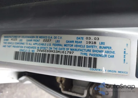 2003 Volkswagen Jetta Gls 1.8T z USA, uszkodzony, nr VIN 3VWSE69M33M161797